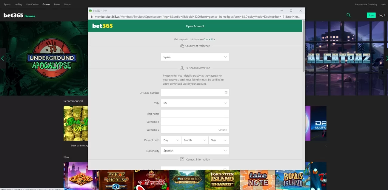 Bet 365 registration page