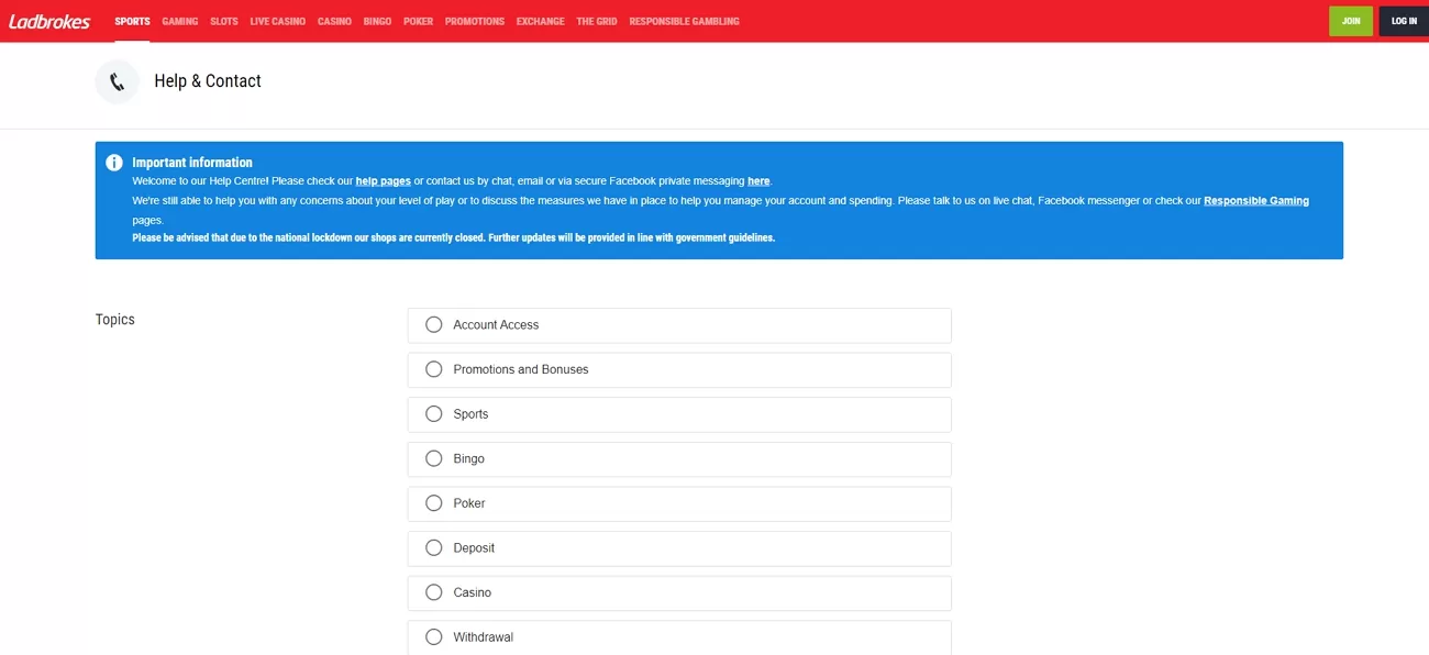 Ladbrokes contact page