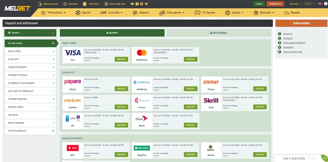 Melbet deposit and withdrawal methods