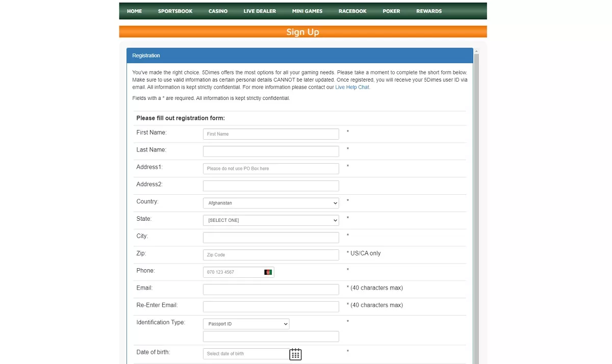 registration in 5dimes com