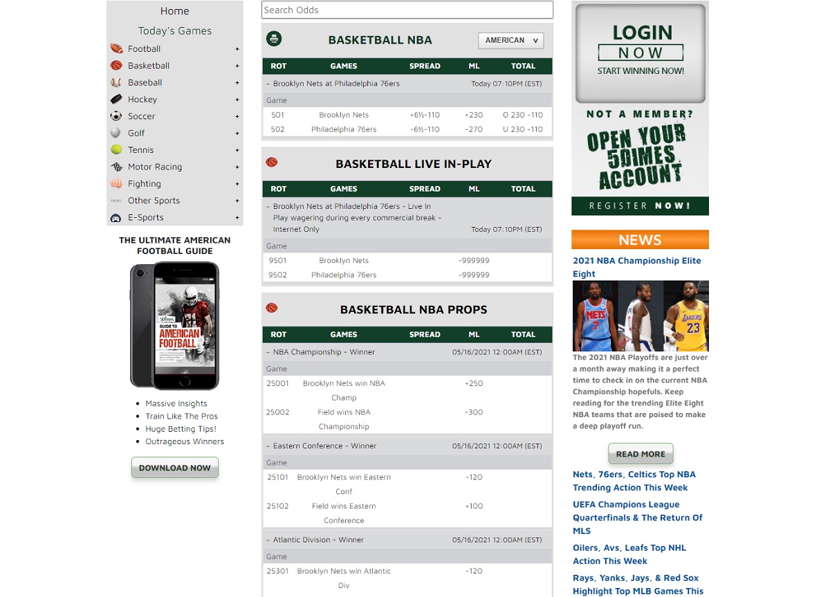 Basketball betting menu in Five Dimes Sportsbook