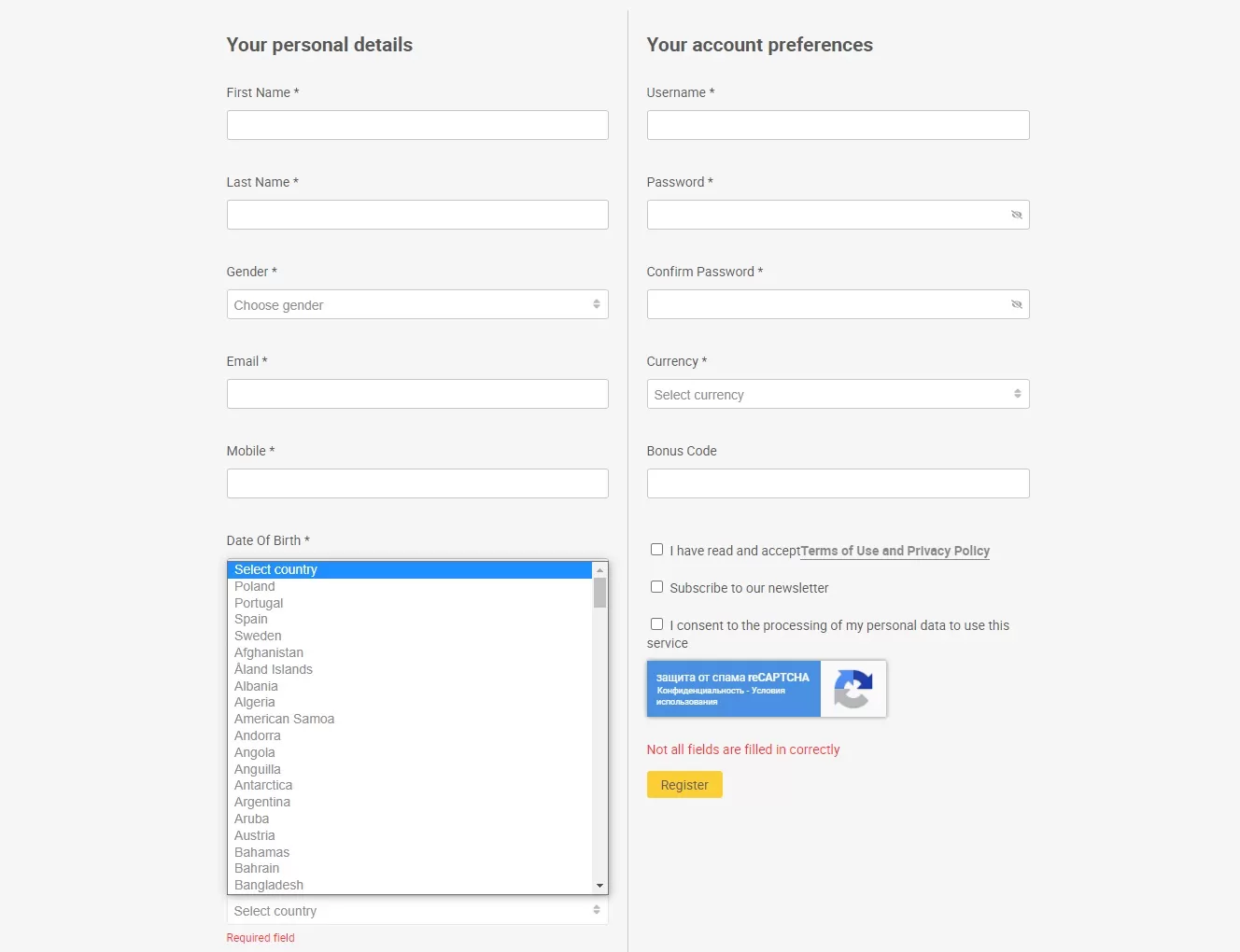 Registration at reloadbet