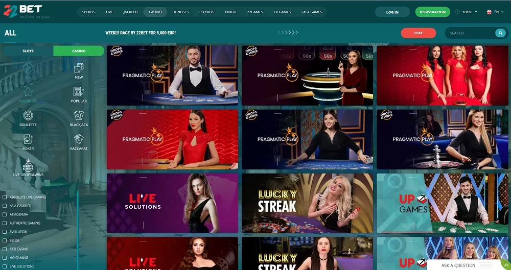 Live casino 22bet