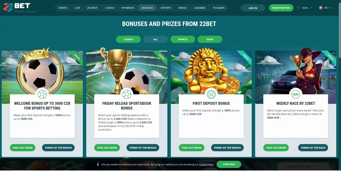 22 Bet bonus page