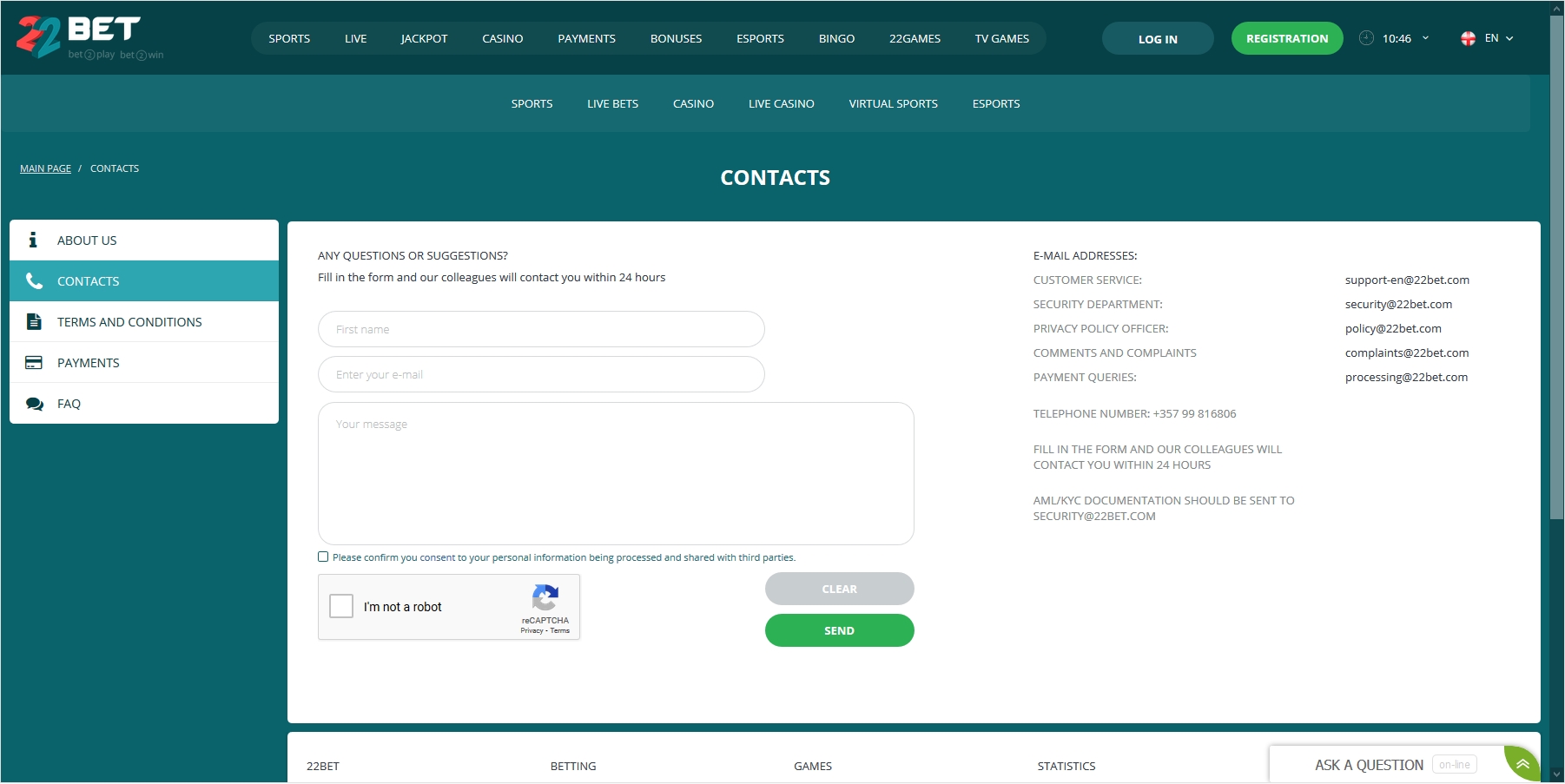 22 Bet Customer service page