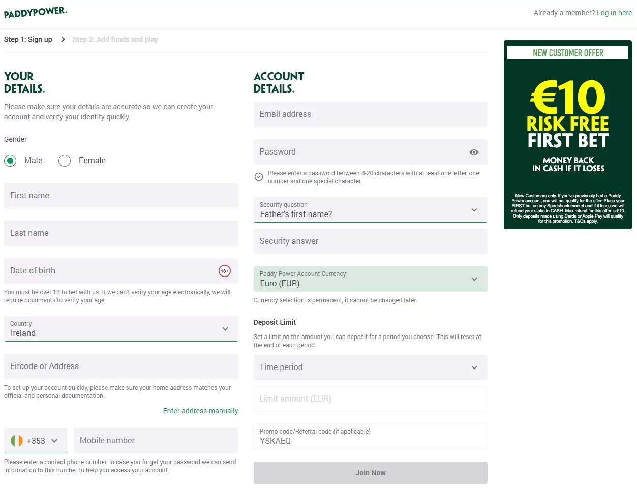 Paddy Power registration