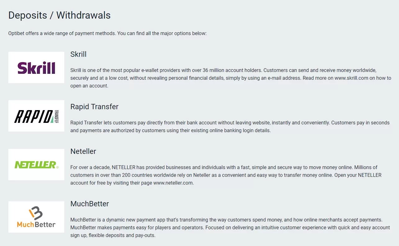 Payment methods of The Optibet Casino