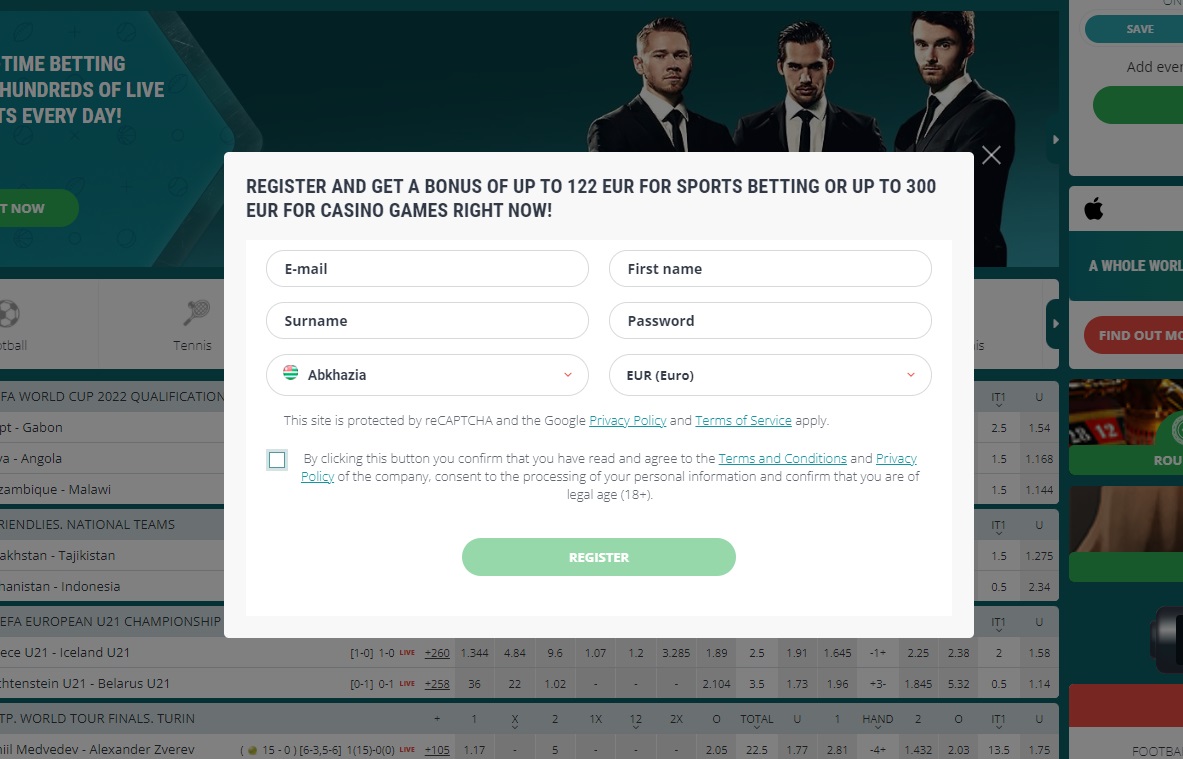 Registration on 22 Bet