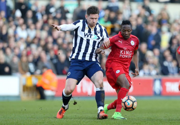 LONDON, ENGLAND - FEBRUARY 18: Ahmed Musa of Leicester City in action with Calum Butcher of Millwall during The Emirates FA Cup Fifth Round tie between Millwall and Leicester City at The Den on February 18, 2017 in London, England.