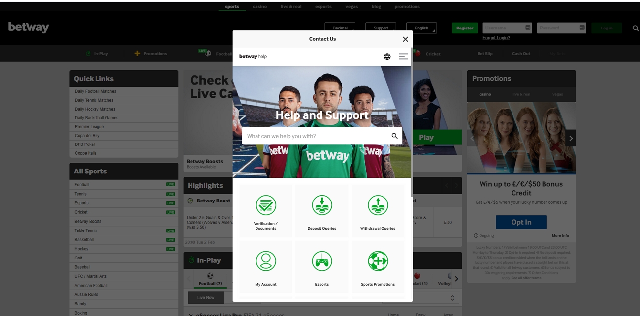 Betway Customer support page