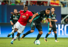 Skopje, FYROM - August 8,2017:Real Madrid Casemiro (R) and Manchester United Paul Pogba (L) during the UEFA Super Cup Final match between Real Madrid and Manchester United at Philip II Arena in Skopje