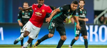 Skopje, FYROM - August 8,2017:Real Madrid Casemiro (R) and Manchester United Paul Pogba (L) during the UEFA Super Cup Final match between Real Madrid and Manchester United at Philip II Arena in Skopje