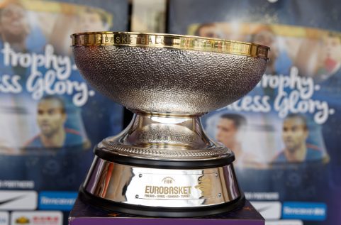 FIBA EuroBasket 2017 Nikolai Semashko Trophy close-up view. Tournament official poster on background.