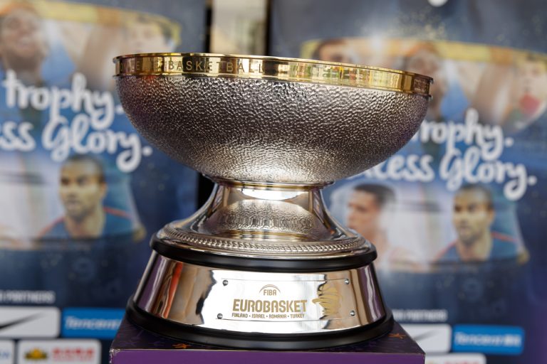 FIBA EuroBasket 2017 Nikolai Semashko Trophy close-up view. Tournament official poster on background.