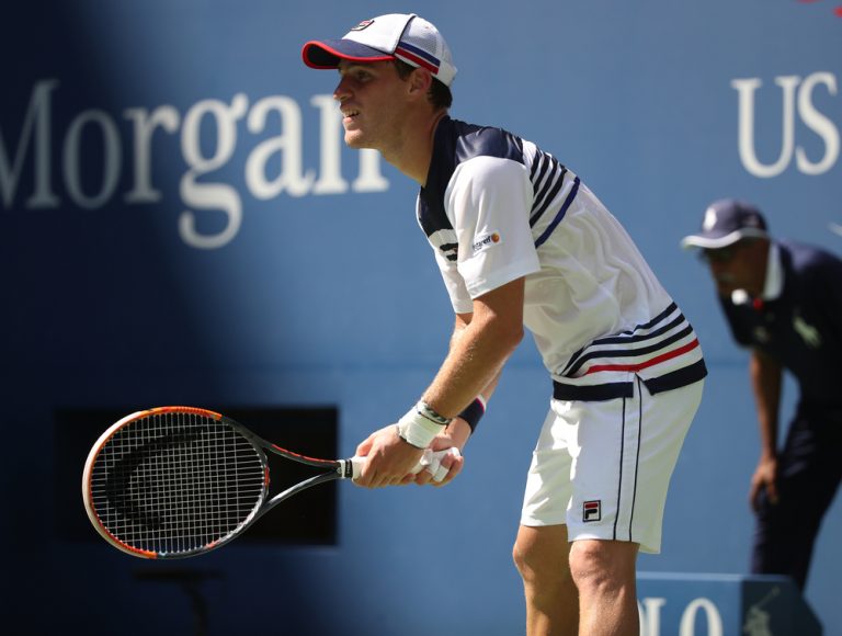 NEW YORK - SEPTEMBER 5, 2017: Professional tennis player Diego Schwartzman of Argentina in action during his quarterfinal match at US Open 2017 at Billie Jean King National Tennis Center