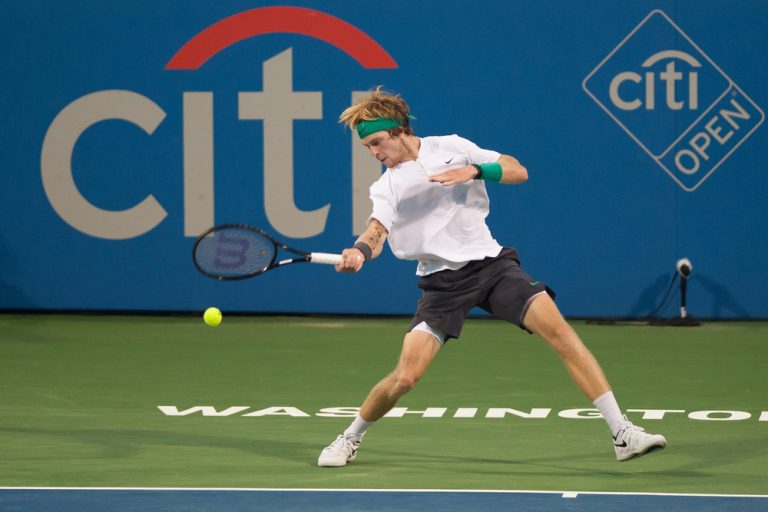 Andrey Rublev (RUS) falls to Alex de Minaur (AUS) in the semifinals of of the Citi Open tennis tournament on August 4, 2018 in Washington DC