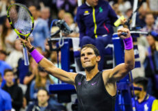 NEW YORK - AUGUST 27, 2019: 18-time Grand Slam champion Rafael Nadal of Spain celebrates victory after his 2019 US Open first round match at Billie Jean King National Tennis Center in New York