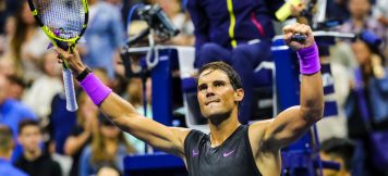 NEW YORK - AUGUST 27, 2019: 18-time Grand Slam champion Rafael Nadal of Spain celebrates victory after his 2019 US Open first round match at Billie Jean King National Tennis Center in New York