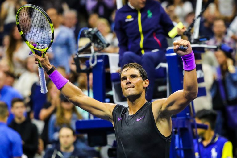 NEW YORK - AUGUST 27, 2019: 18-time Grand Slam champion Rafael Nadal of Spain celebrates victory after his 2019 US Open first round match at Billie Jean King National Tennis Center in New York