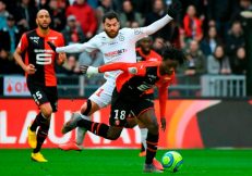 Rennes French midfielder Eduardo Camavinga (R) vies with Montpelliers French midfielder Teji Savanier (C) during the French L1 football match between Stade Rennais Football Club and Montpellier Herault SC at the Roazhon Park, in Rennes, northwestern France, on March 8, 2020.