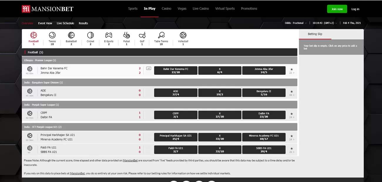 Mansionbet live betting section