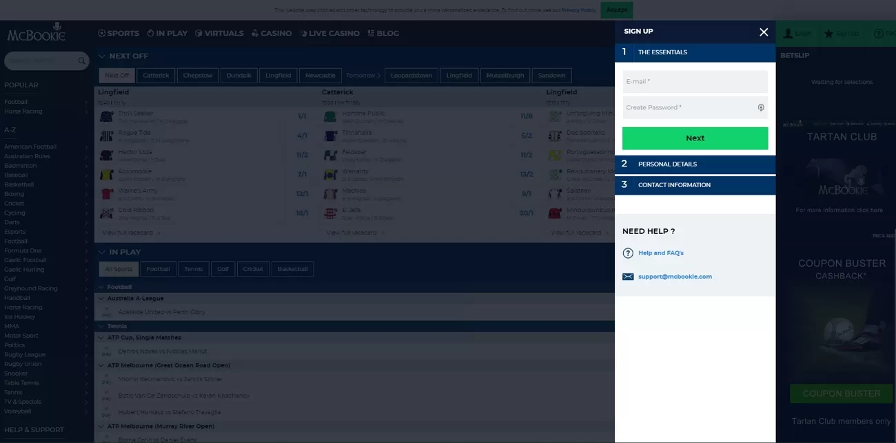 Mcbookie registration page