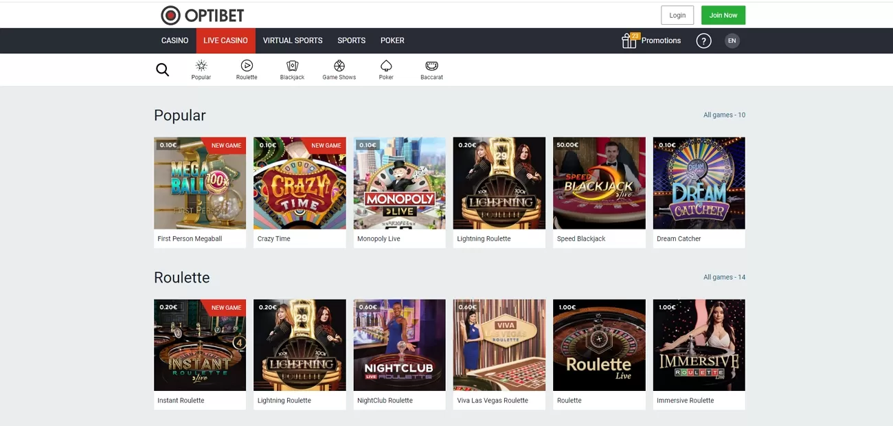 Optibet live casino section