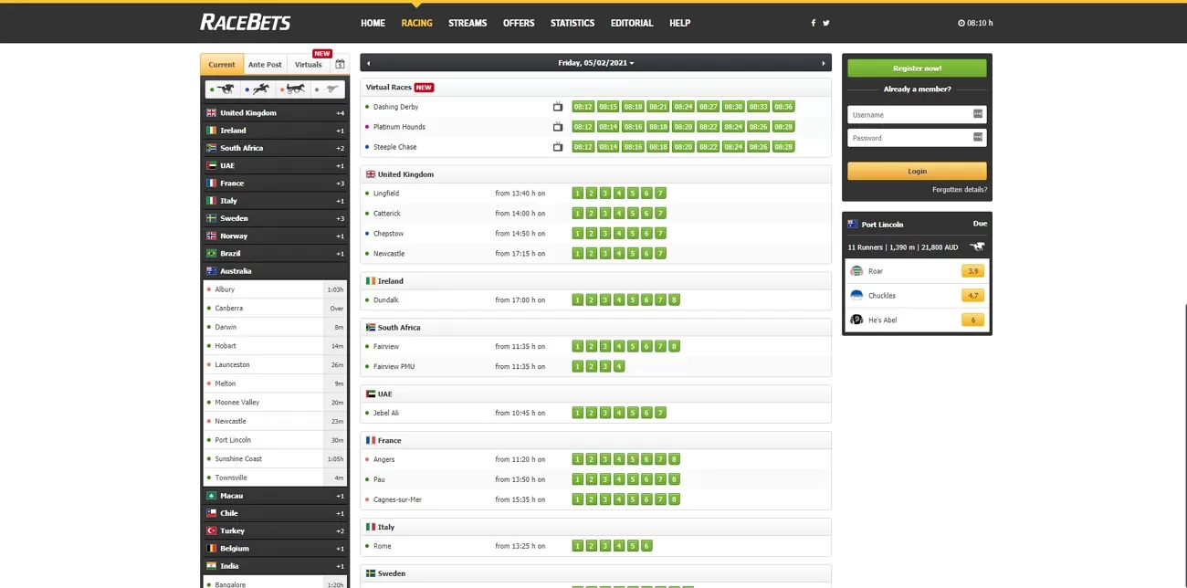 Racebets horse betting page