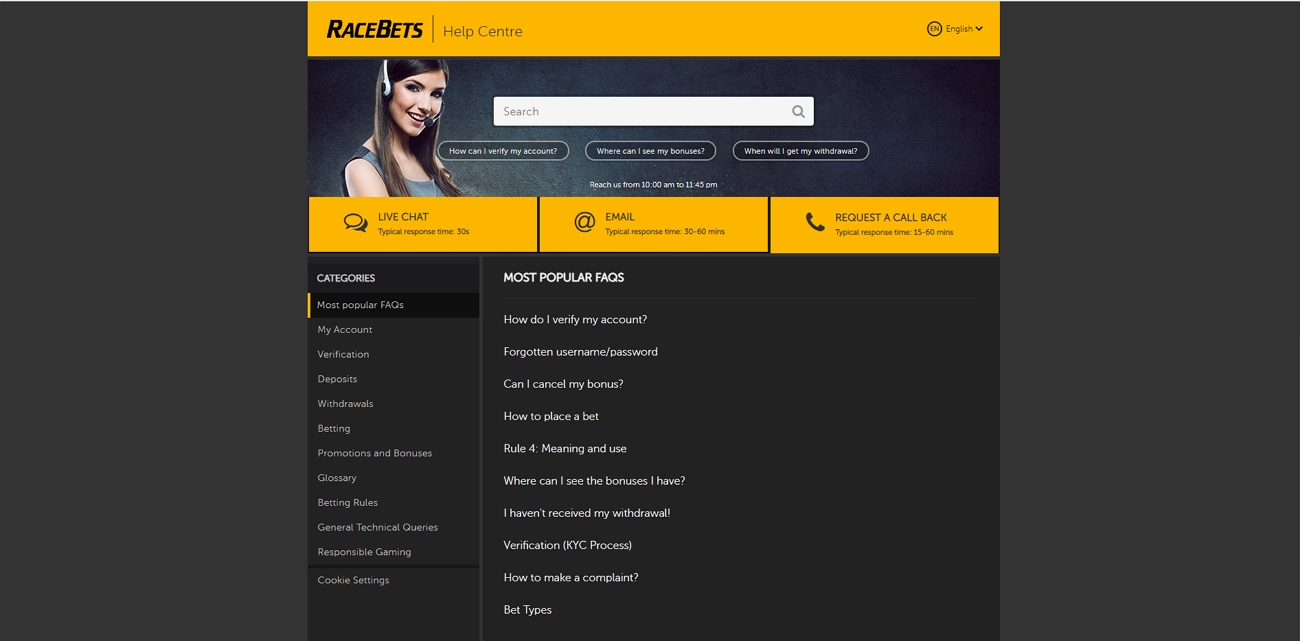 Racebets customer support page