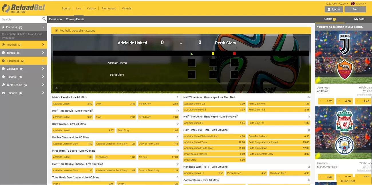 Reloadbet live betting section