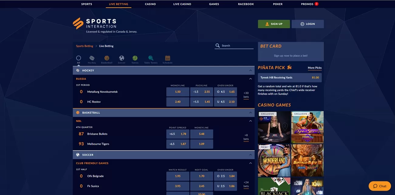Sportsinteraction live betting section