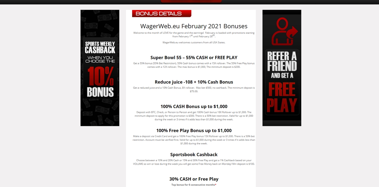 Wagerweb bonus and promotions