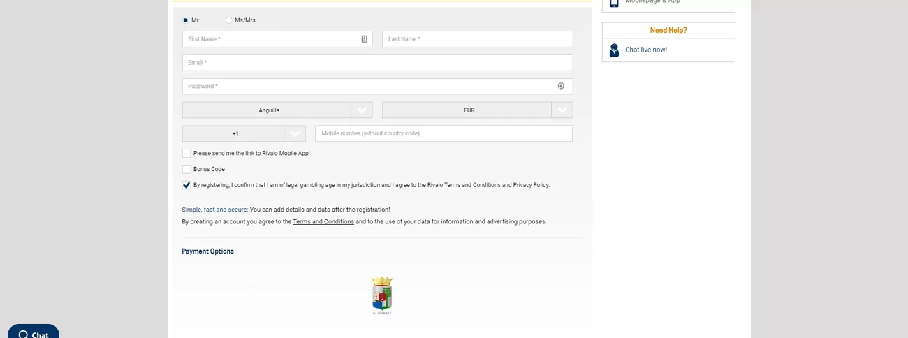 Rivalo registration page