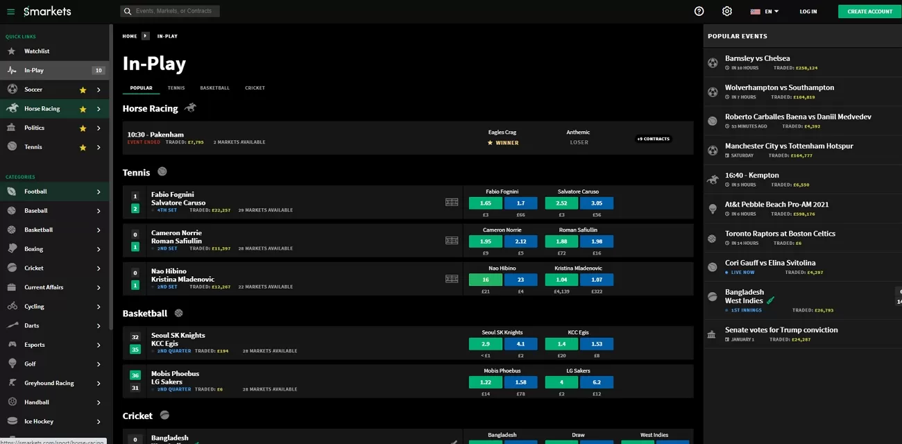Smarkets live betting section
