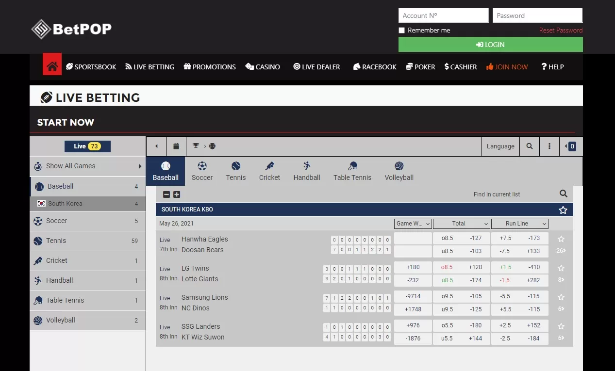 Live betting on BetPOP com website