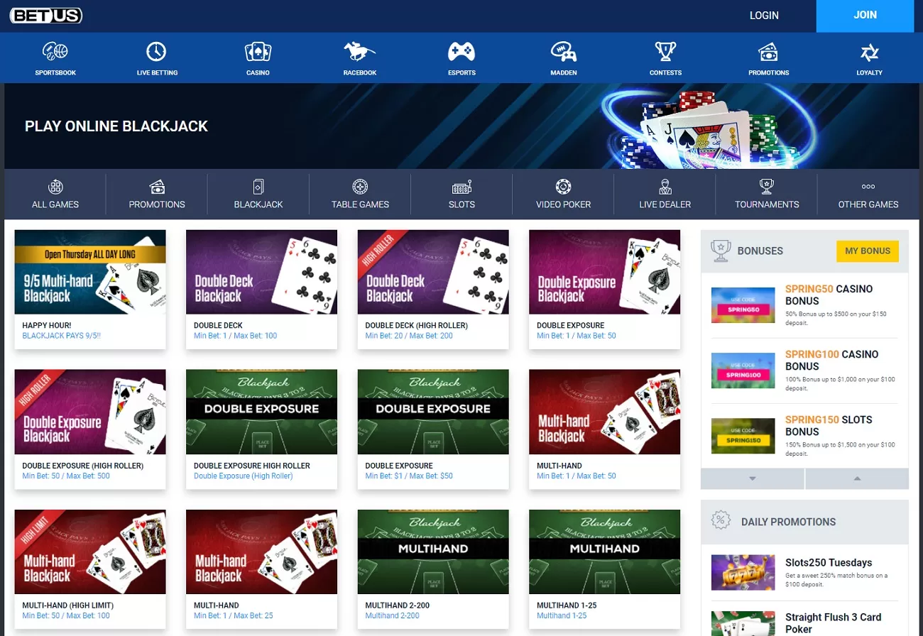 online blackjack for real money section at bet US