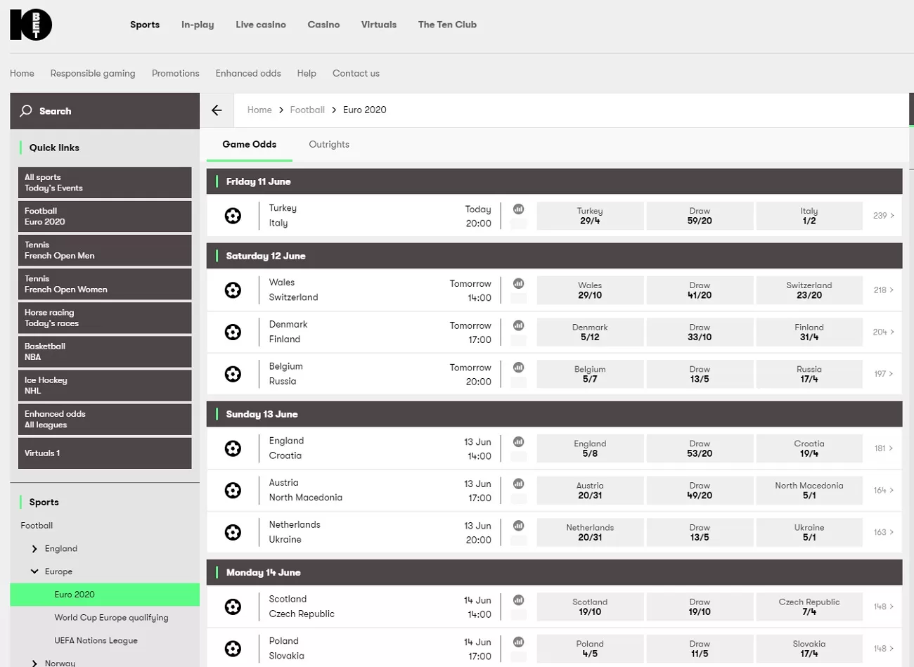 10bet sportsbook euro 2020