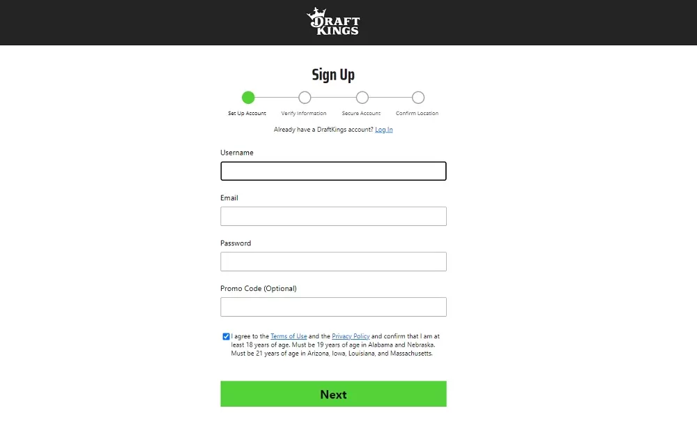 Registration at draftKings