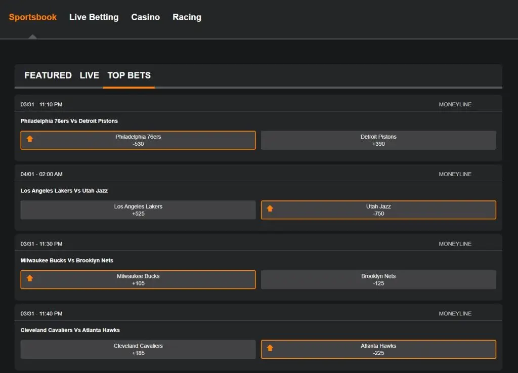 Available Betting Options mybookie