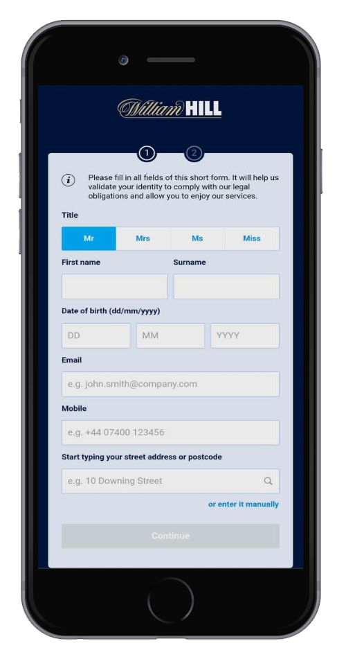Registering an account in WilliamHill App