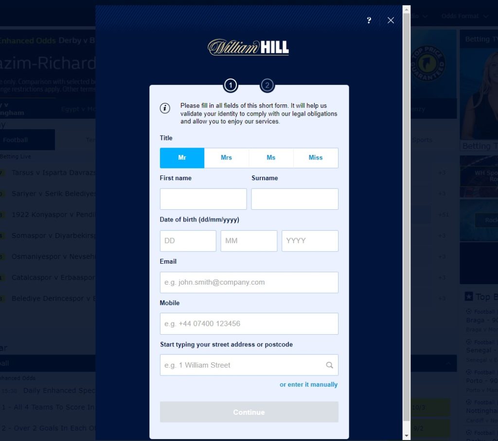 Williamhill login page