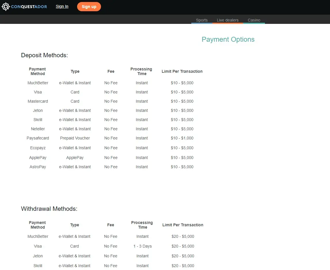 Conquestador Casino Payment Options