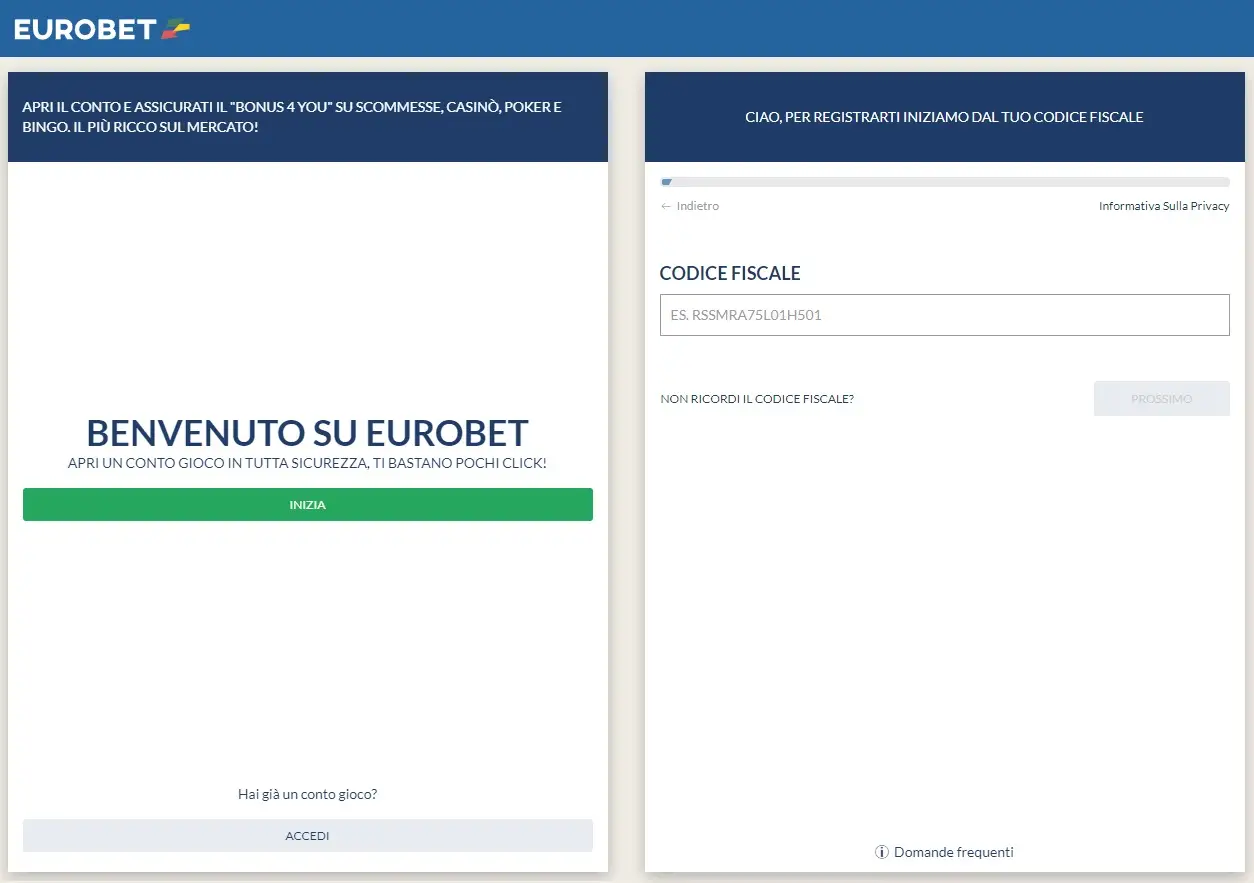 Registration at eurobet