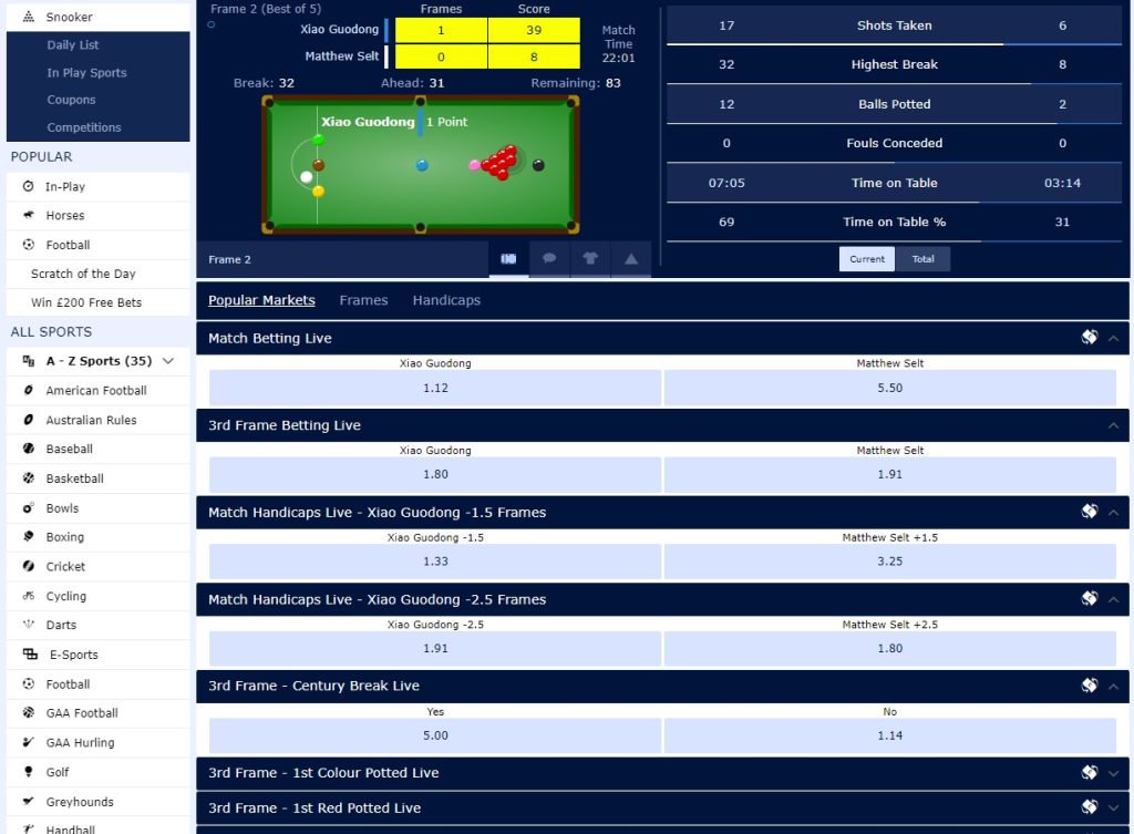 Snooker Betting at William Hill Superbetting