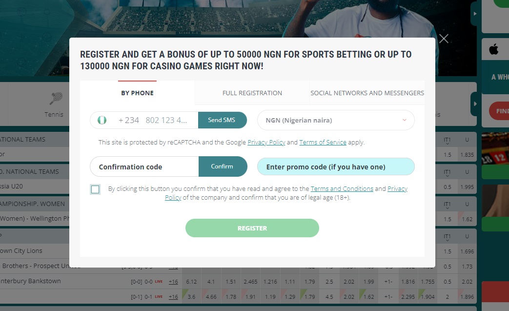 How to register and login at 22bet.ng