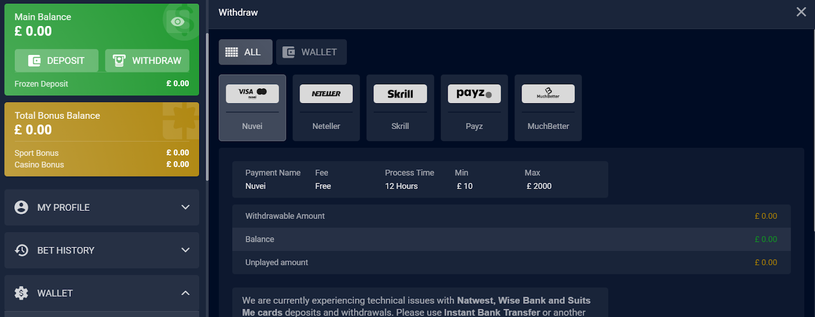 VBet balance screen